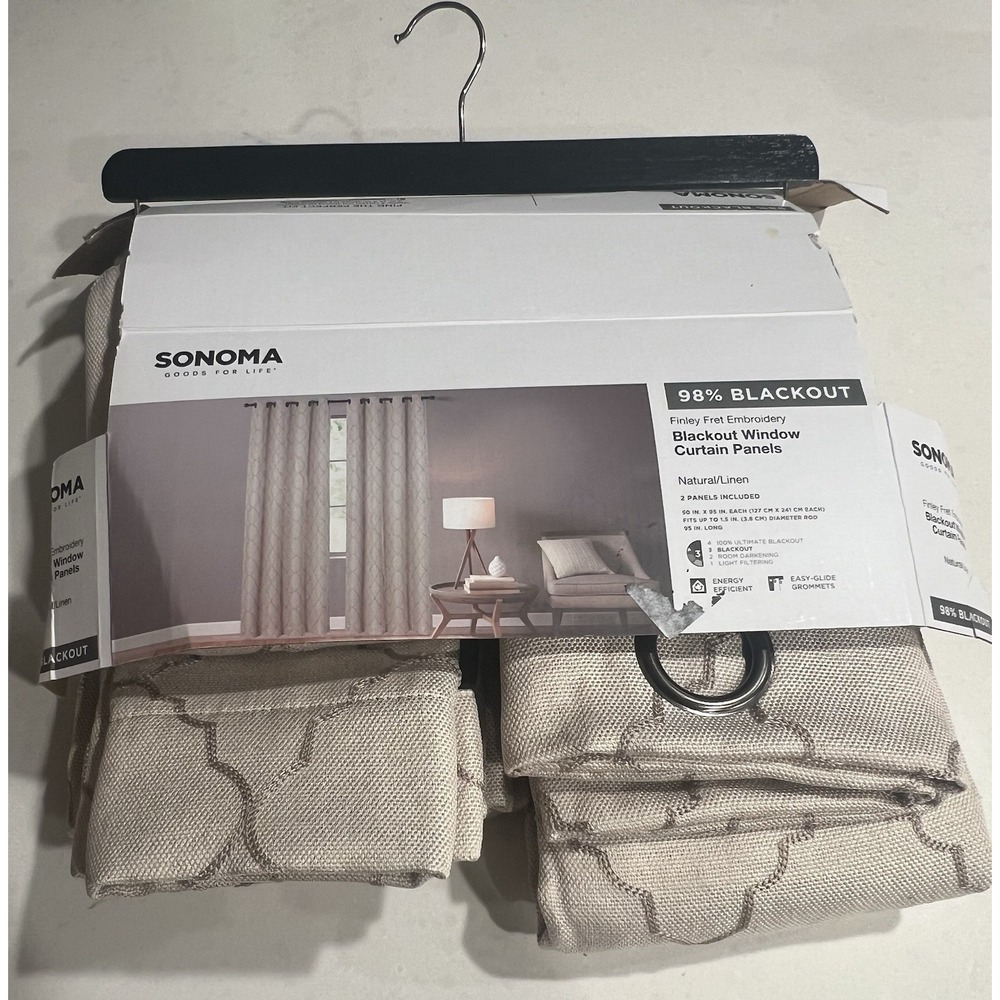 Sonoma Finley Fret Embroidery Blackout Curtain Panels 50x 95in Natural Linen